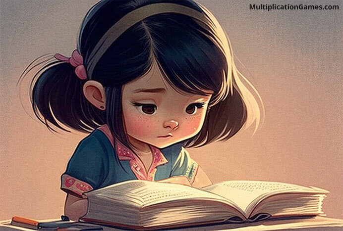 A young girl is reading a book with intense focus and concentration