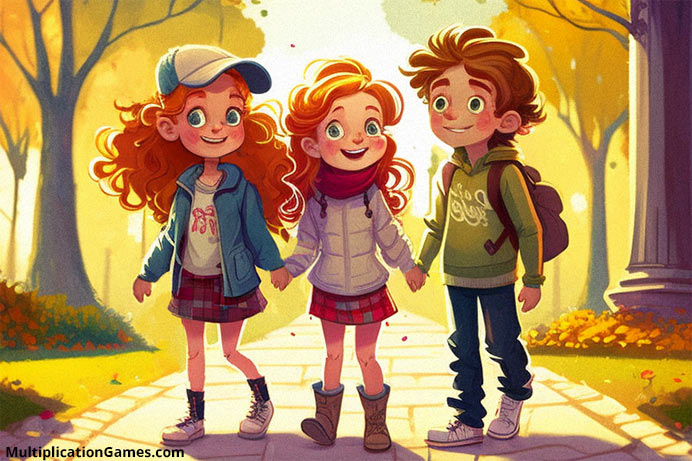 Three children are taking a walk in the park to stay active and healthy