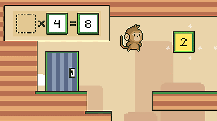Screenshot of a monkey jumping toward the correct answer in a platform game