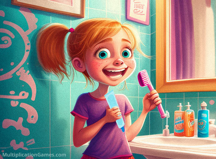 A girl is holding a toothbrush and toothpaste in a bathroom