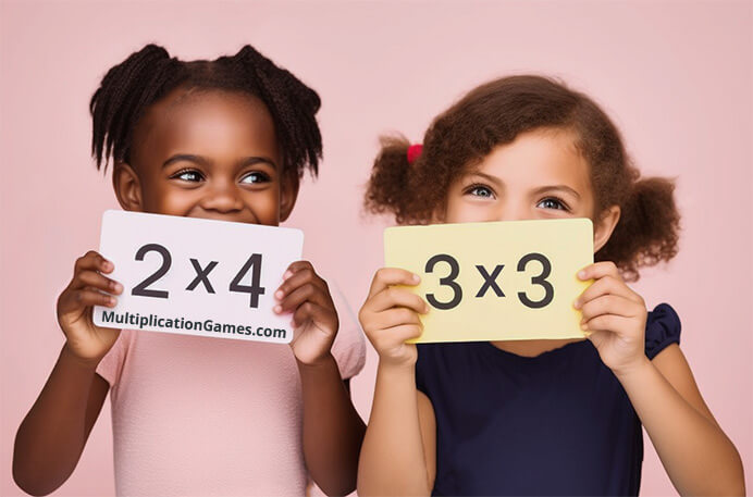 2 girls holding multiplication flash cards