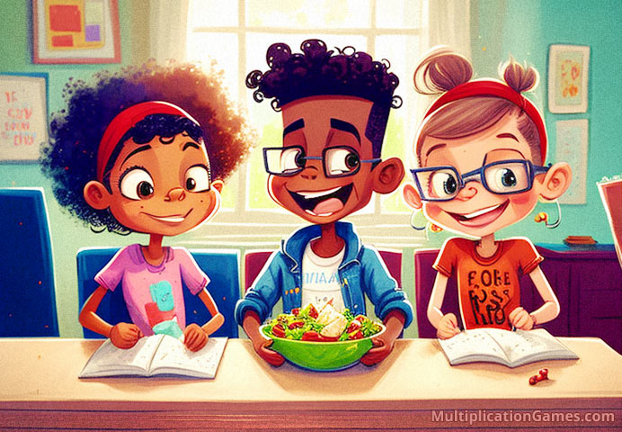 3 kids are having a healthy salad in the classroom