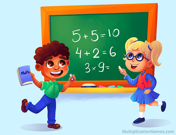 A schoolboard is used by two kids to practice math