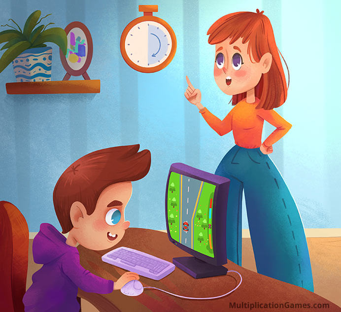 A boy playing on a computer while his mother points to a timer because the kid is out of screen time