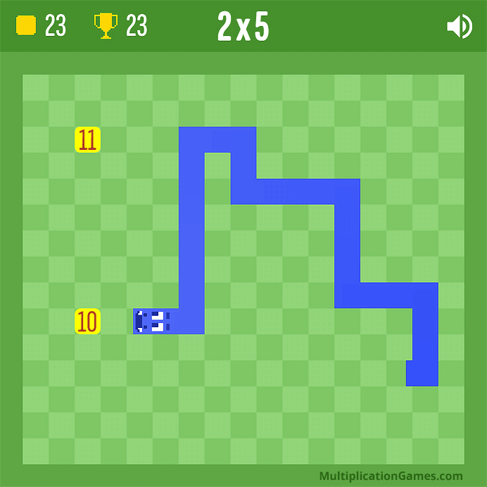 Screenshot of a snake in a game slithering through a grid in search of the correct solutions to a multiplication problem