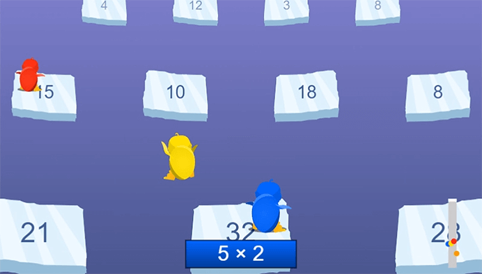 Players compete in the Penguin Jump Multiplication game