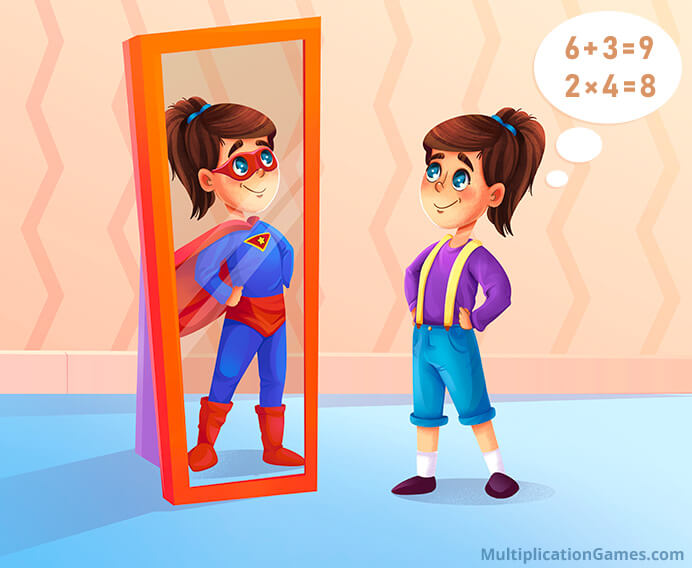 A self-confident girl practicing math In front of a mirror
